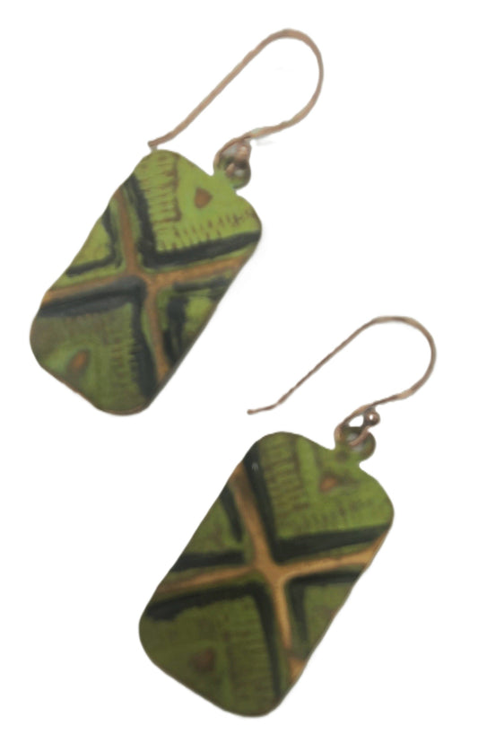 Copper Patina Earrings - Light Green Lines and Rivets