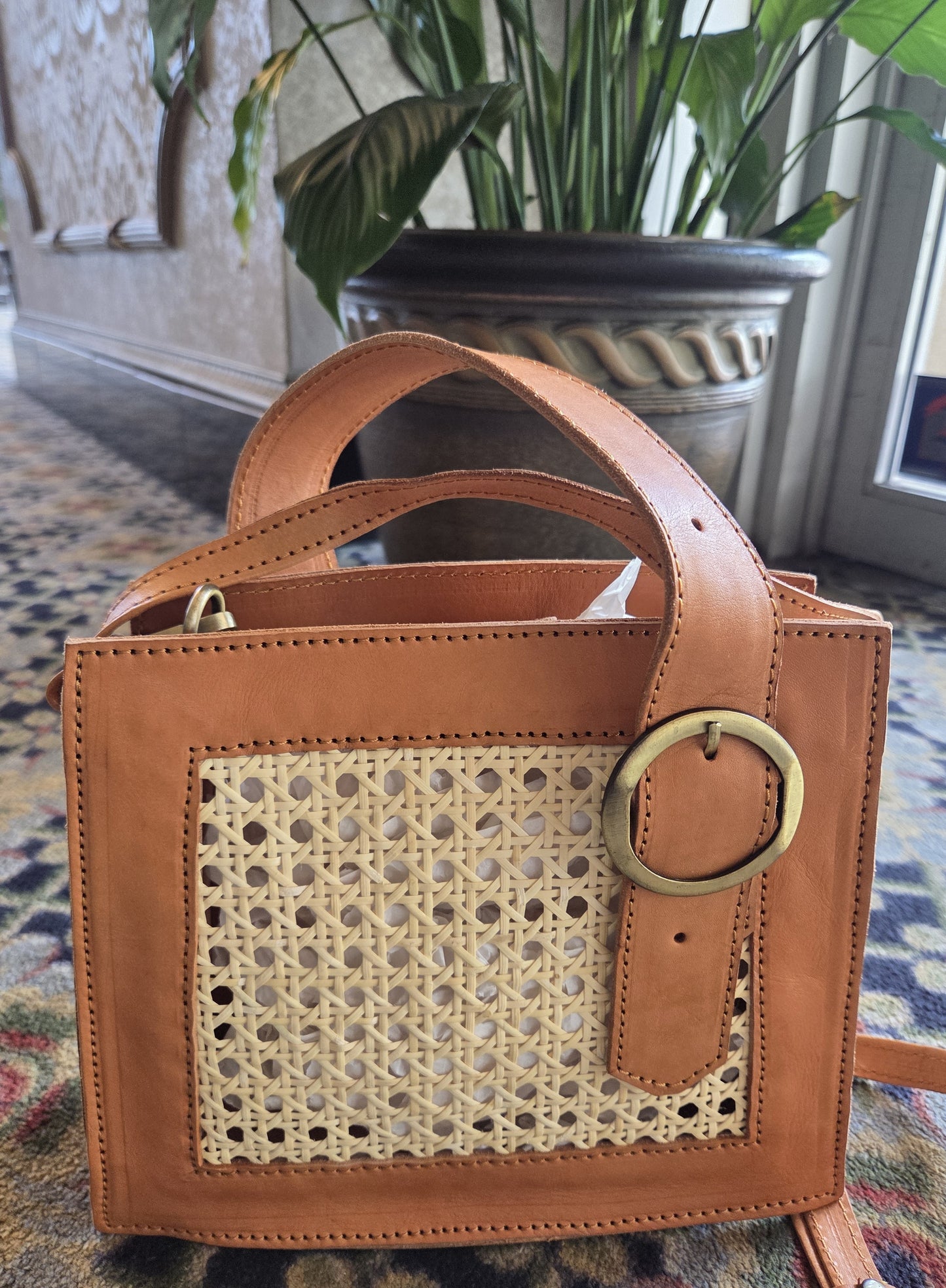 Brown Cane Handbag with Buckle