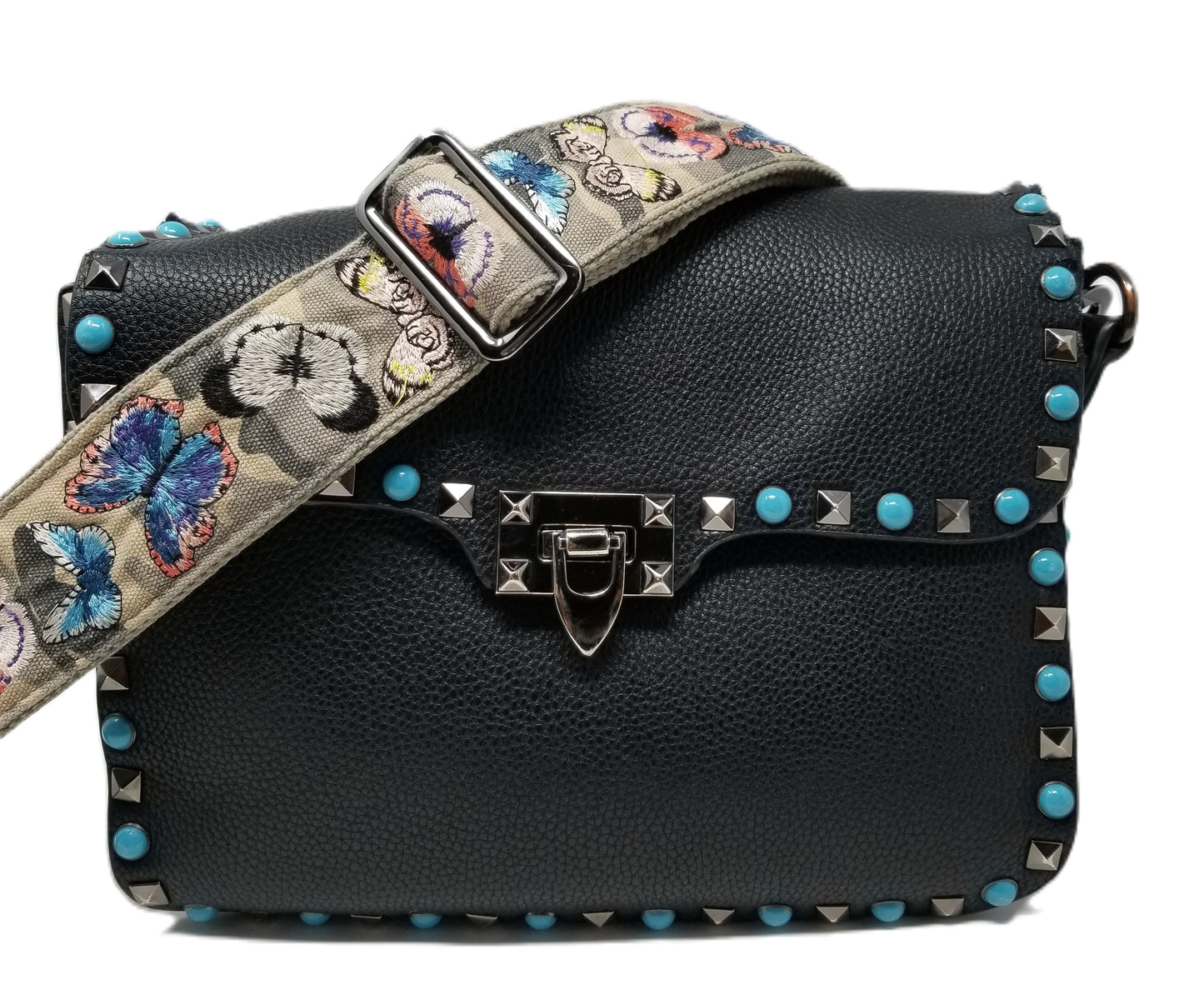 Studded Leather Crossbody Bag with Guitar Strap
