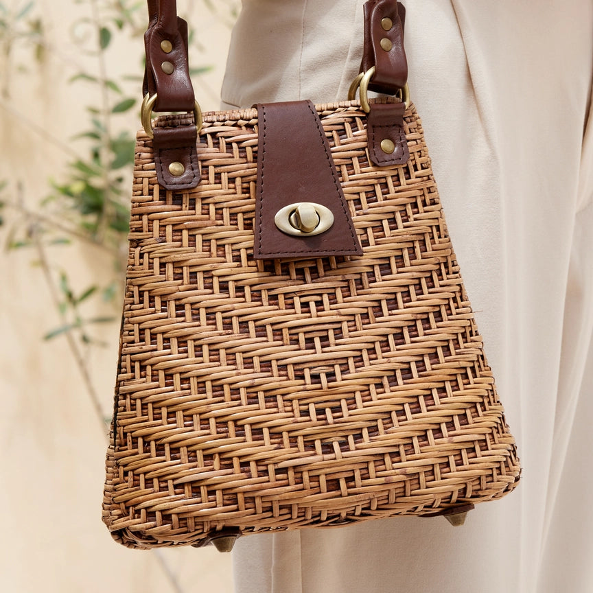 Rattan Handbag with Leather Elbow Strap