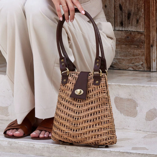 Rattan Handbag with Leather Elbow Strap