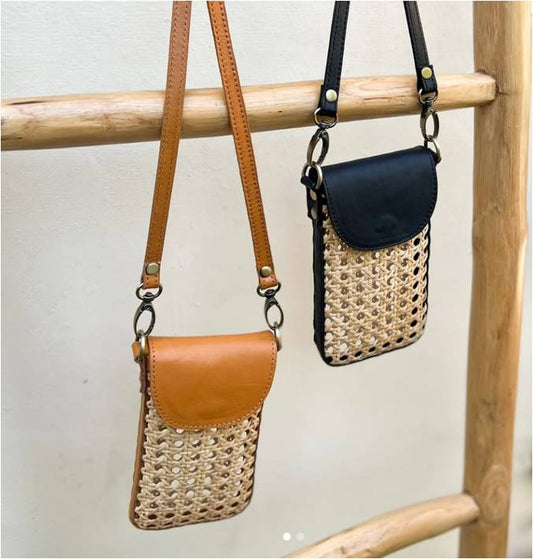 Rattan Cane Cell Phone Crossbody Bag
