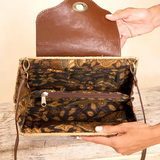 Rattan Crossbody Handbag with Dark Brown Leather Strap