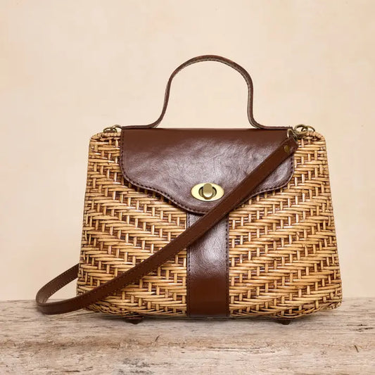 Rattan Crossbody Handbag with Dark Brown Leather Strap