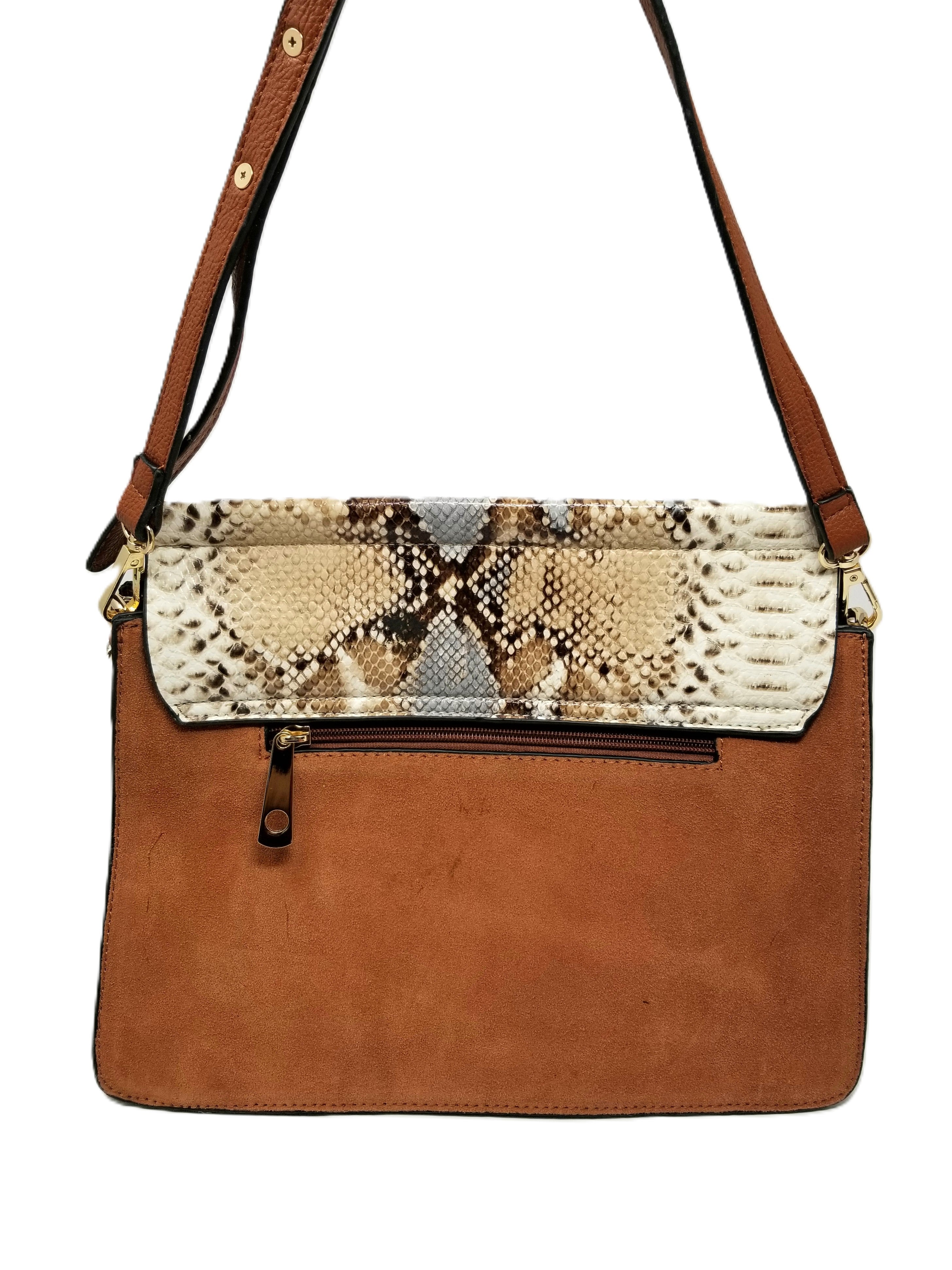 Suede Shoulder Bag with Snake Skin Accent