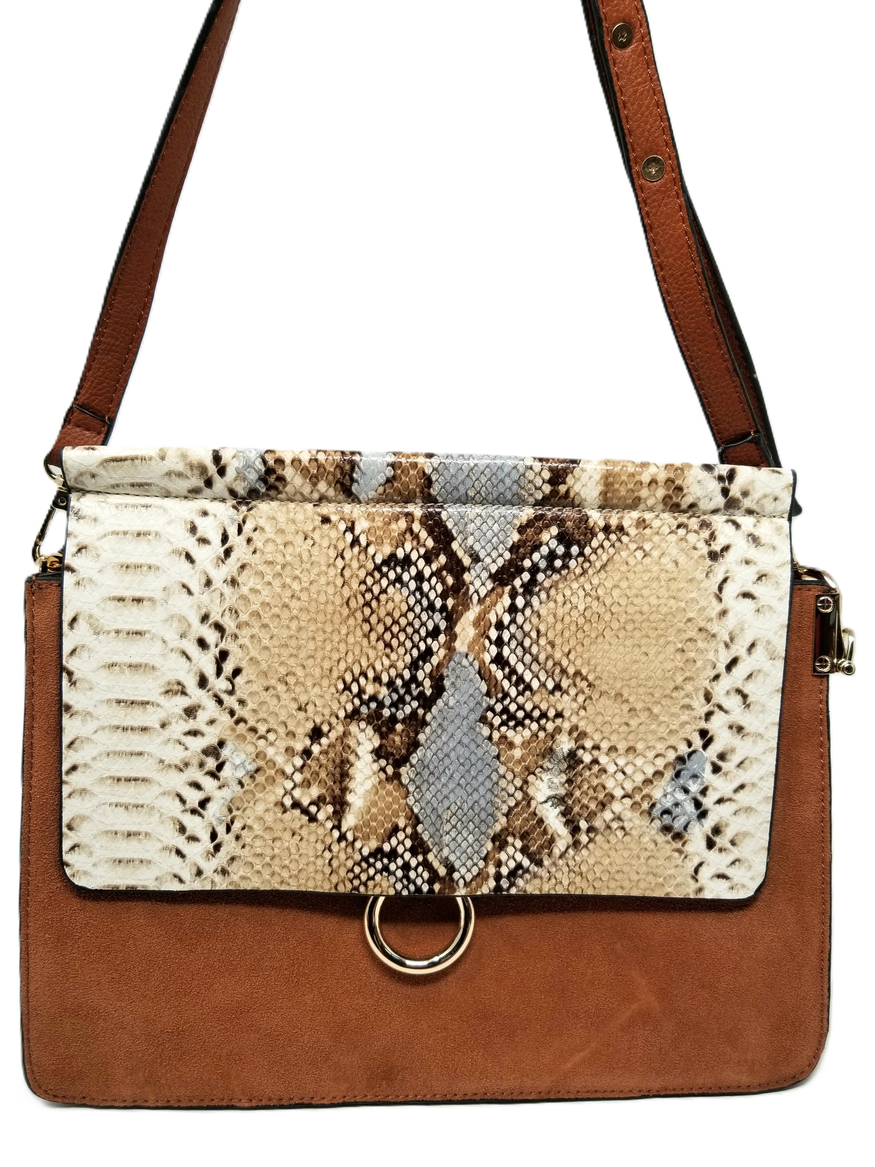 Suede Shoulder Bag with Snake Skin Accent