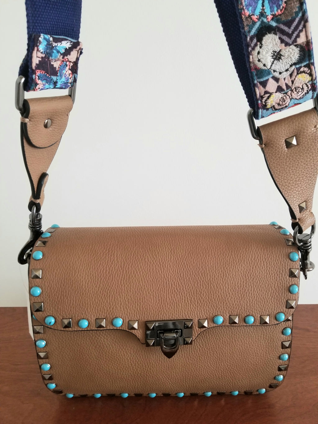Studded Leather Crossbody Bag with Guitar Strap