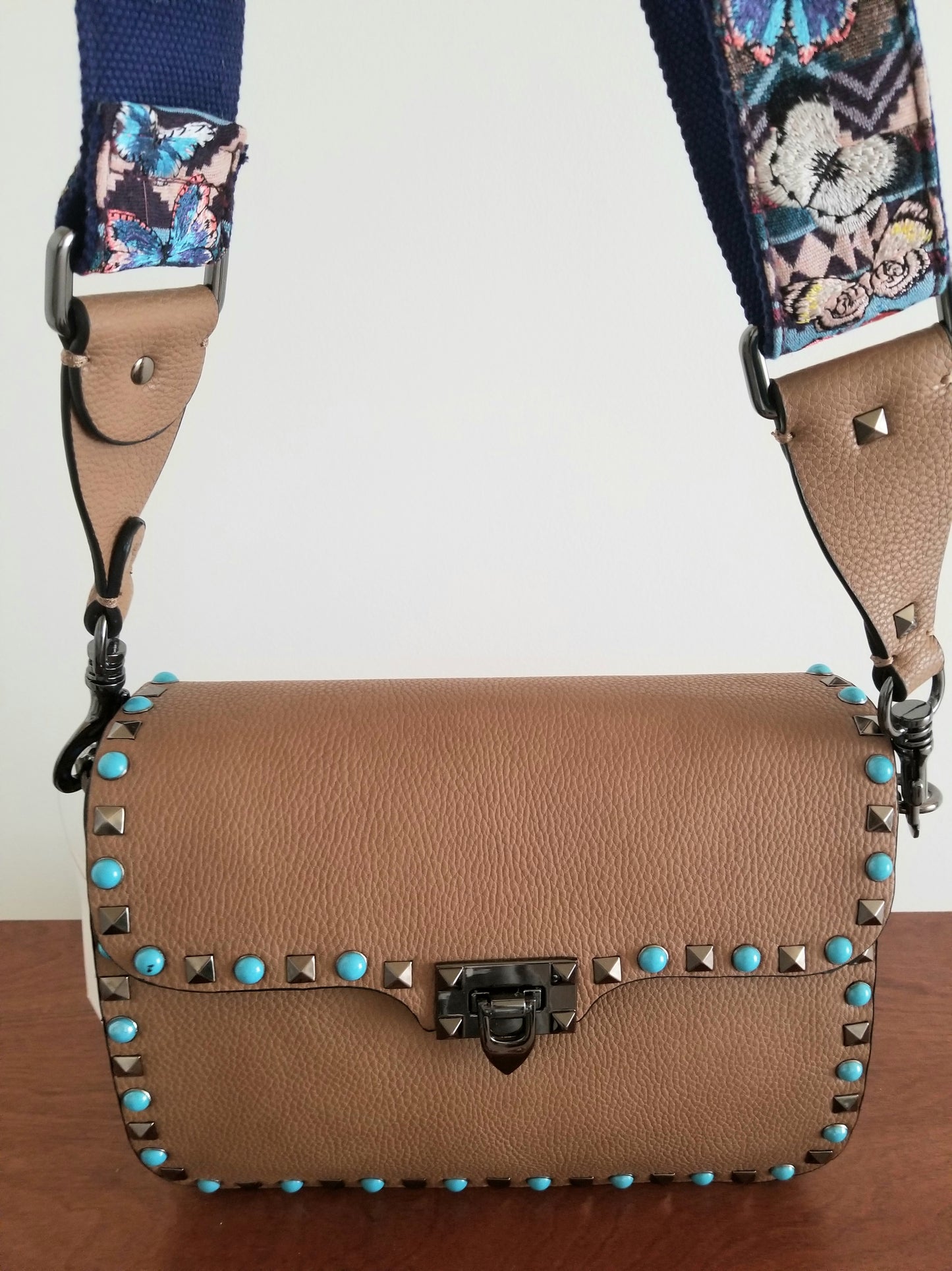 Studded Leather Crossbody Bag with Guitar Strap